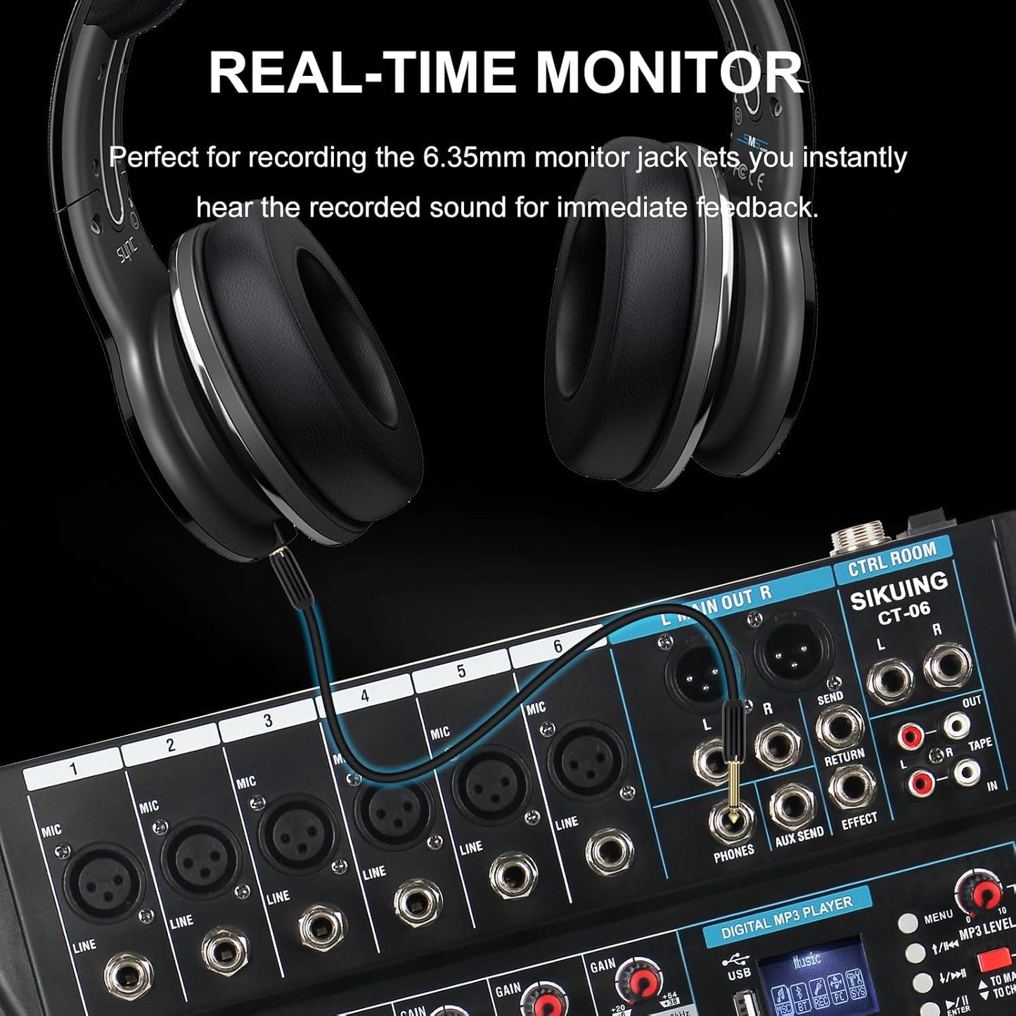 Audio Mixer,6 Channel Board Mixer for Streaming, Professional Sounds Board Mixer with 16 DSP Effect, USB Audio Interface and 48V Phantom Power, Stereo DJ Mixers for PC Recording/DJ stage