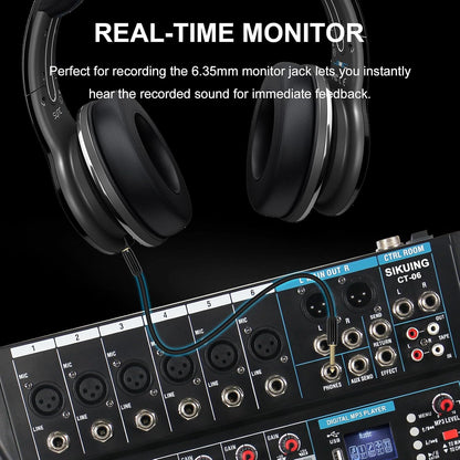 Audio Mixer,6 Channel Board Mixer for Streaming, Professional Sounds Board Mixer with 16 DSP Effect, USB Audio Interface and 48V Phantom Power, Stereo DJ Mixers for PC Recording/DJ stage