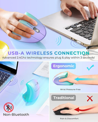 Lekvey Ergonomic Mouse, Vertical Wireless Mouse, Rechargeable 2.4G Optical Carpal Tunnel Mice: 800/1200 / 1600 DPI, 6 Buttons, for Laptop, PC, Computer, Desktop, Notebook etc, Green Purple