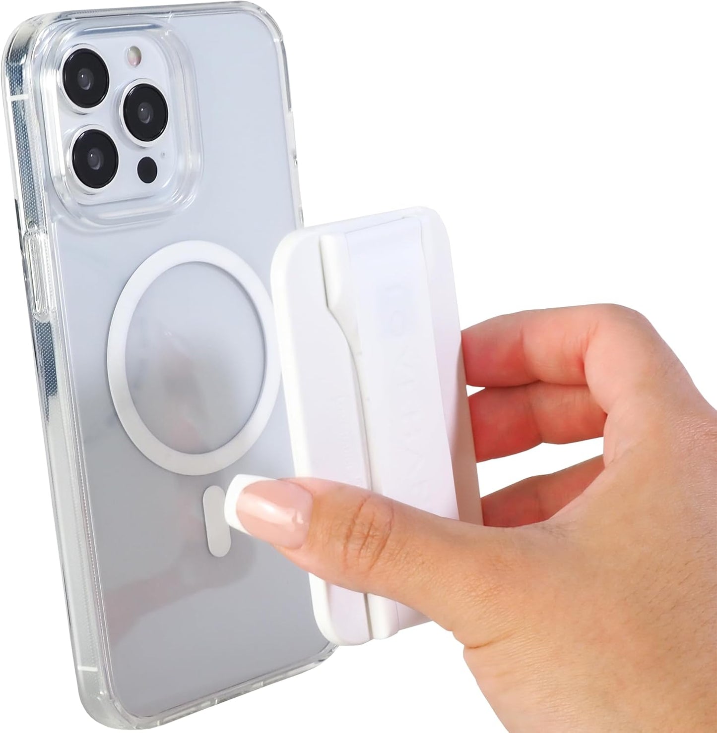 LoveHandle PRO MagSafe Compatible Magnetic Phone Grip w/Kickstand - Mount, Strap and Stand for Smartphone and Tablet - MagSafe Ring Included - Fits All Devices - White Silicone