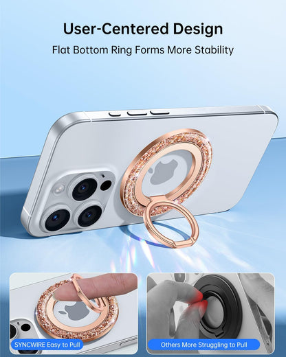 SYNCWIRE Magnetic Phone Ring Holder for MagSafe - Glitter Phone Grip Stand with 360° Rotation & Reinforced Hinge, Compatible with iPhone 16 15 14 13 Pro Max Plus MagSafe Accessories - Rose Gold