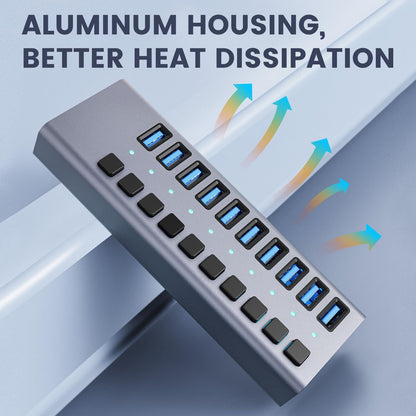 48W Powered USB Hub - ACASIS 10 Ports USB 3.0 Data Hub, Individual On/Off Switches, 12V/4A Power Adapter, Aluminum Housing, USB Splitter for PC, Computer, Mobile HDD, Flash Drive