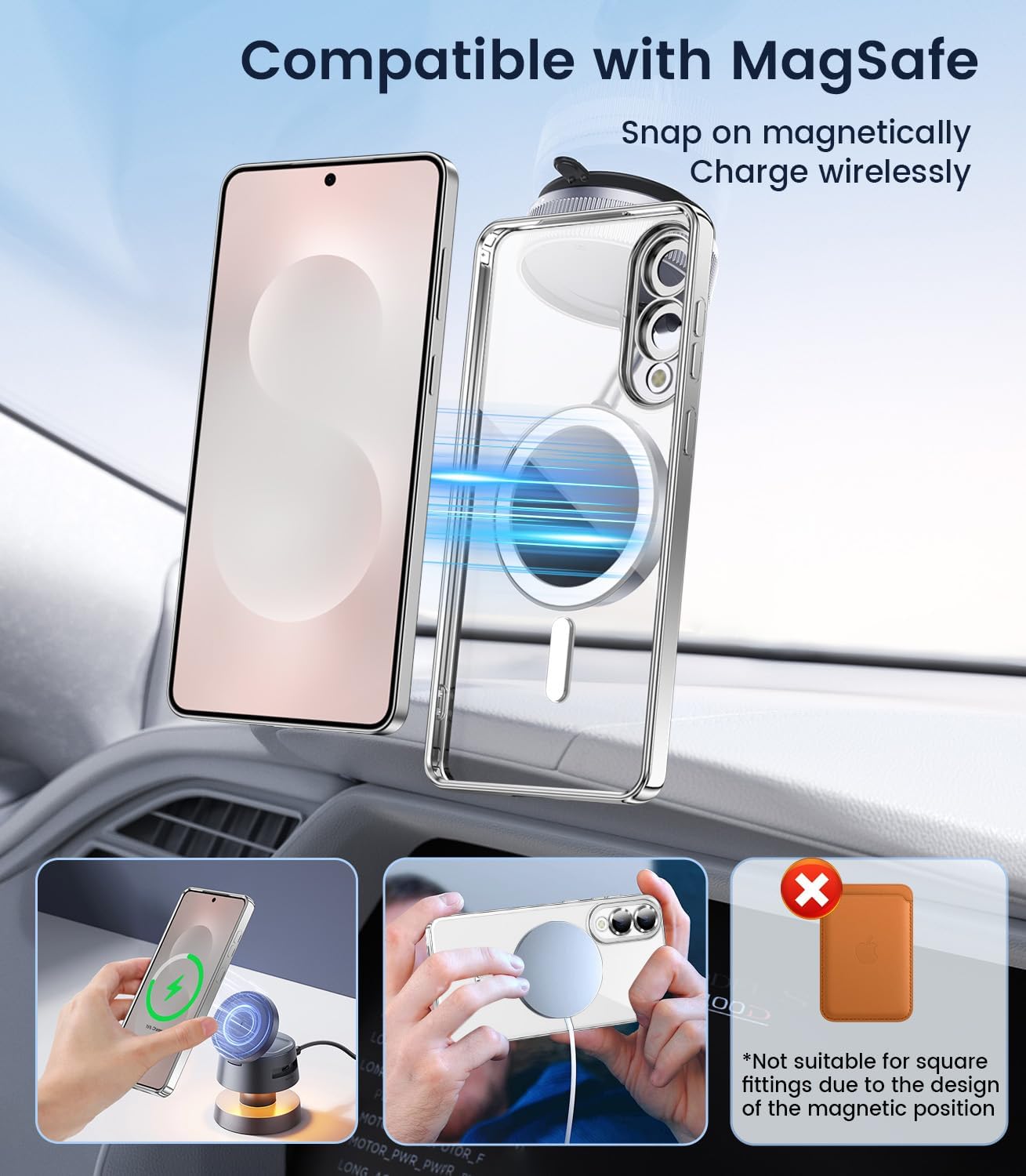 Slim Thin for Samsung Galaxy S25 Edge Case, Compatible with MagSafe, Built-in Camera Lens Protector, Shockproof Protective Phone Case, Soft Electroplated Clear Cover, Silver