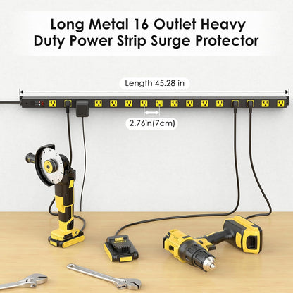 JUNNUJ Long Metal 16 Outlet Power Strip, Heavy Duty Power Strips Surge Protection 4800J with Circuit Breaker, 20a Wide Spaced Socket Wall Mount 5-15P Adapter High Amp 6-20R T-Slot 15FT Extension Cord