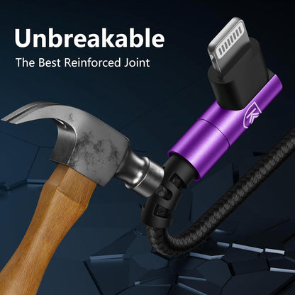 KIYODA iPhone Charger Cable 6ft, 3 Pack Lightning Cable, 90 Degree Nylon Braided Gaming Charging Cord, USB to Lightning Cable Compatible with 13 12 11 Pro XS MAX XR X 8 7 6S Plus SE iPad iPod, Purple