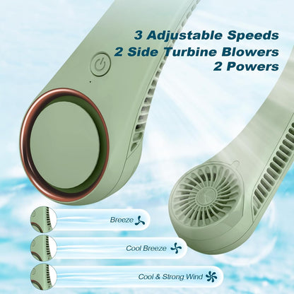 CIVPOWER Neck Fan: Portable Personal Neck Cooling Rechargeable Bladeless Fan - Hands Free 3 Speed 4000 mAh Battery USB Operated Wearable Headphone Design - for Men Women Outdoor Indoor (Light Green)