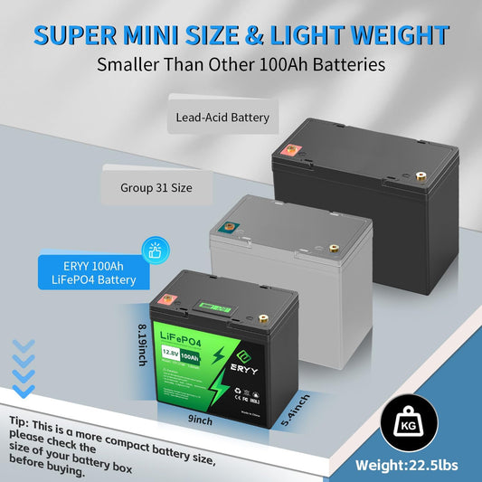 12V 100Ah LiFePO4 Battery, High Density 100Ah Lithium Battery 12v with 100A BMS, VoltMeter, 5000+ Rechargeable Deep Cycle Marine Battery for RV, Boat, Kayak, Trolling Motor, Golf Cart (Mini Size)