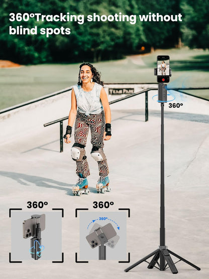 Auto Face TrackingTripod, w/Gesture Control for iPhone,Extendable Pole, 360° Rotating Selfie Stick,Wireless Remote,Video Recording 4-Leg Stable & Portable Tripod