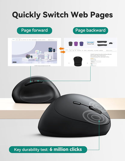 TECKNET Ergonomic Mouse, 4800 DPI 5 Adjustable DPI Levels, Wireless Vertical Mouse, 6 Buttons, 2.4G Silent Mouse for Laptop, PC, Chromebook, Mac - Black