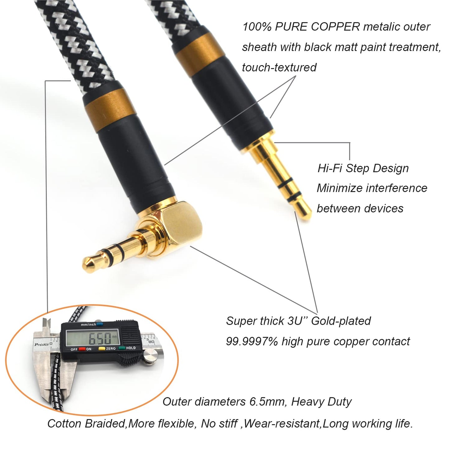 Aux Cord, Audiophile 3.5mm Stereo Audio Cable [1m (3.2Feet), Silvered-Plated Copper core, Right Angle] Unbreakable and Great for Laptop, Tablets, Headphones, Cars and More.