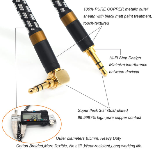 Aux Cord, Audiophile 3.5mm Stereo Audio Cable [2m (6.5Feet), Silvered-Plated Copper core, Right Angle] Unbreakable and Great for Phone, Laptop, Tablets,Headphones, Cars and More.