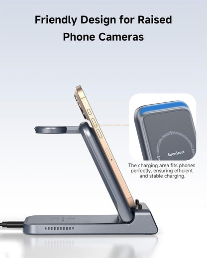 Wireless Charger for iPhone, SwanScout 703A, Charging Station for iPhone 16/15/14/13/12/11 Series, for Apple Watch Series 10/Ultra 2/9/8/7/SE 2/SE, for Airpods 4/Pro 2/3 (No Adapter)