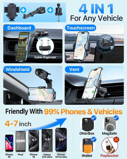 HTU Upgraded Strongest Suction Car Phone Holder Bendable Arm, Never Block View Rotatable Cellphone Mount for Dashboard Windshield Vent, Cradle Stand for iPhone 16 15 14 13 12 Pro Max (Black)