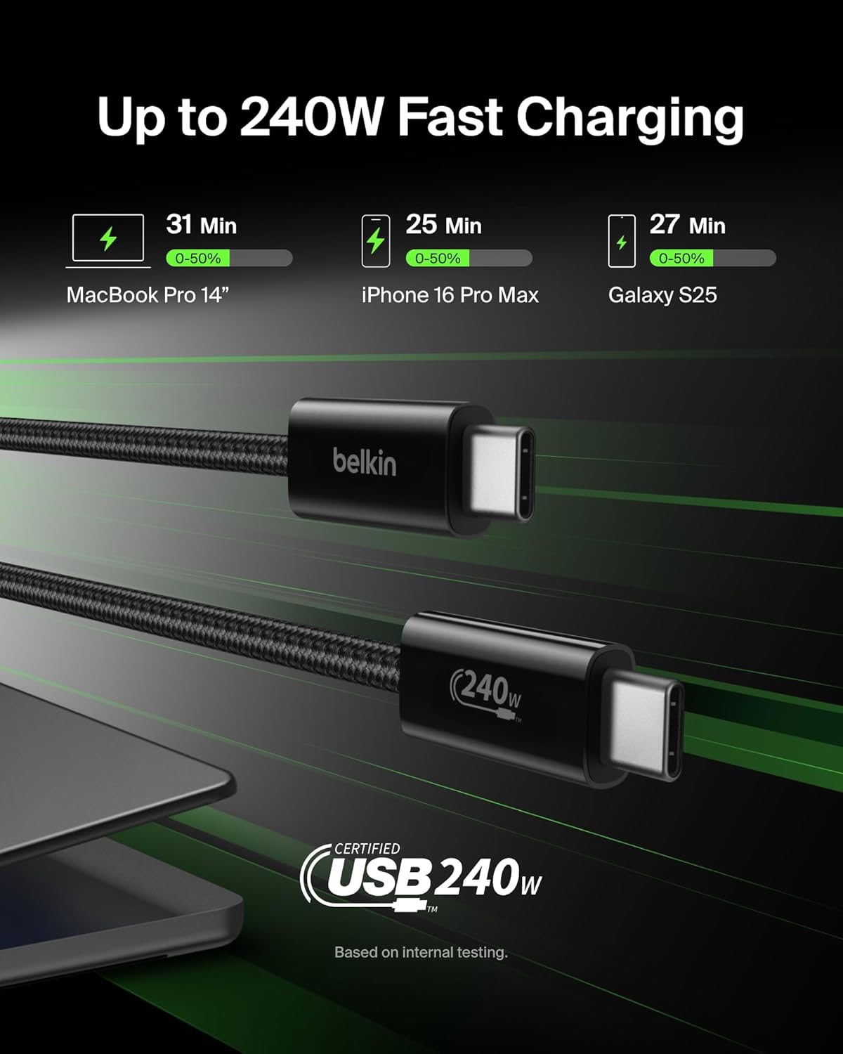 Belkin USB C to USB C Cable 2-Pack, 6.6ft, 240W - Type C Charger, iPhone Charger Cord, Soft, Braided, Flexible for iPhone 17, Galaxy S25, Pixel 10, MacBook, Chromebook, iPad Pro, Switch – Black