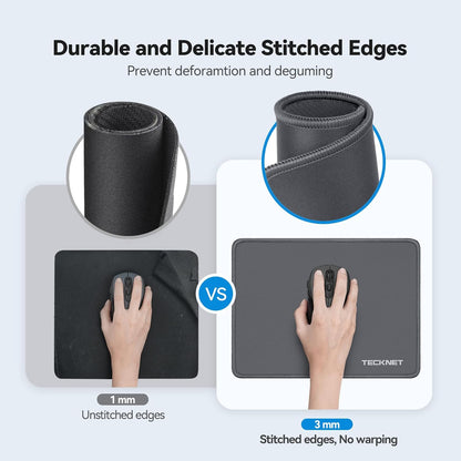 TECKNET Mouse Pad with Anti-fray Stitchin, Waterproof Surface & Non-Slip Rubber Base with Stitched Edges Gaming Mouse Mat for Laptop，Compatible with Laser and Optical Mice - Dark Gray