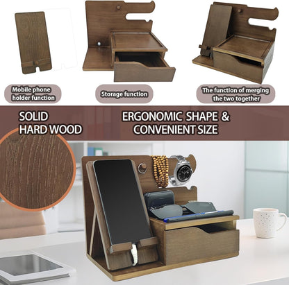 3-in-1 Wood Phone Docking Station Organizer with Drawer & Hidden Charging Hole for Phone, Keys, Glasses & Accessories, for Men (WALNUT, 01)