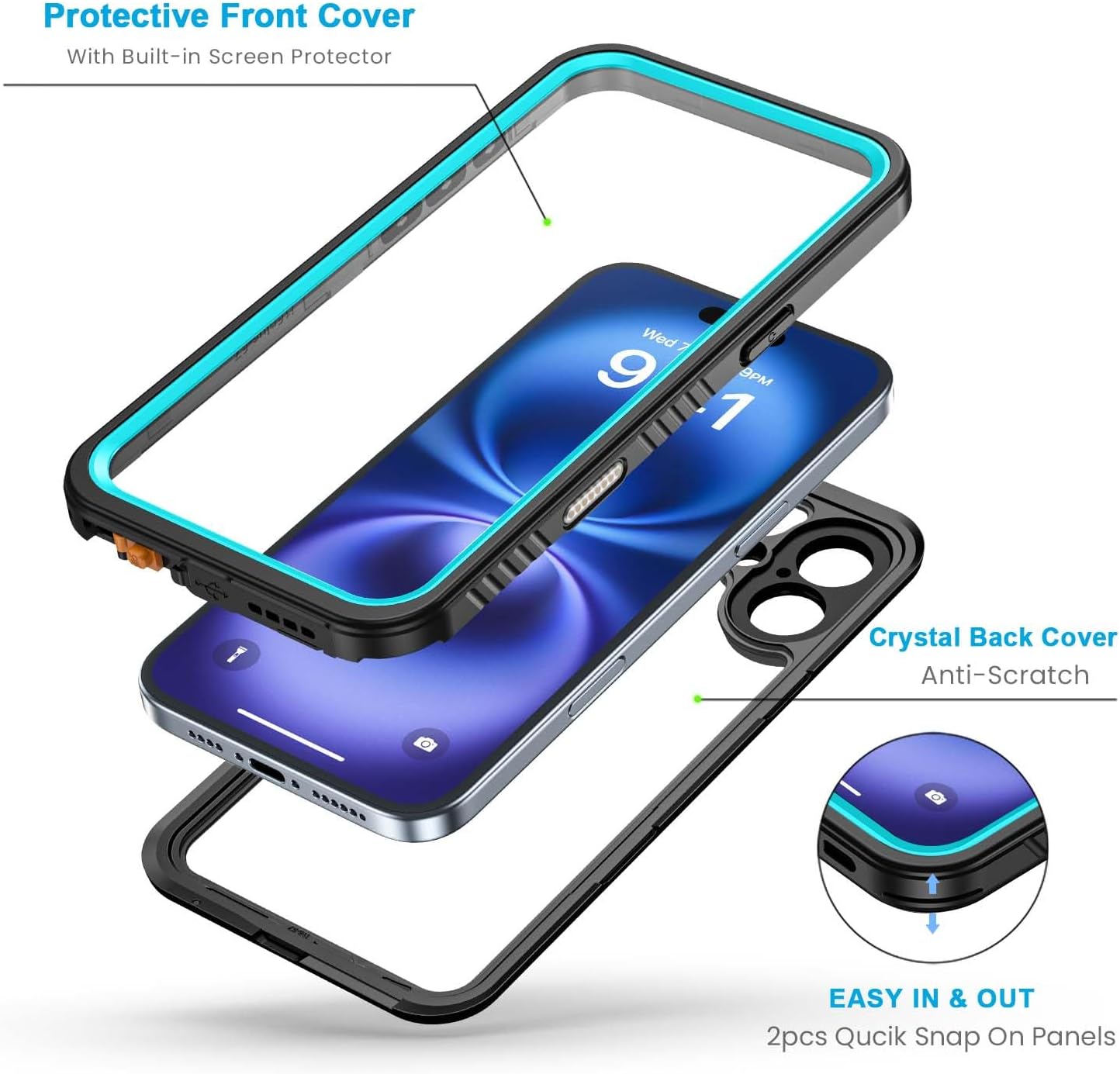 Lanhiem for iPhone 16 Case, IP68 Waterproof Dustproof Shockproof Cases with Built-in Screen Protector, 360 Full Body Protective Heavy Duty Rugged Phone Cover for iPhone 16-6.1 inch (Blue)