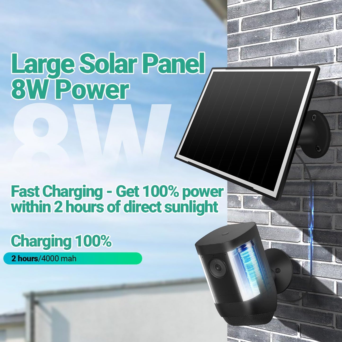 Solar Panel for Ring Camera, 8W High - Efficiency Solar Charger, Compatible with Stick Up Cam & Spotlight Cam (Battery) - Waterproof, 16ft Long Cable, USB-C & DC5V Ports, Sleek Black Finish