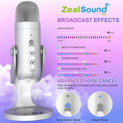 ZealSound USB Microphone,Condenser Computer PC Mic,Plug&Play Gaming Microphones for PS 4&5.Headphone Output&Volume Control,Mic Gain Control,Mute Button Vocal,YouTube Podcast on Mac&Windows(Silver)