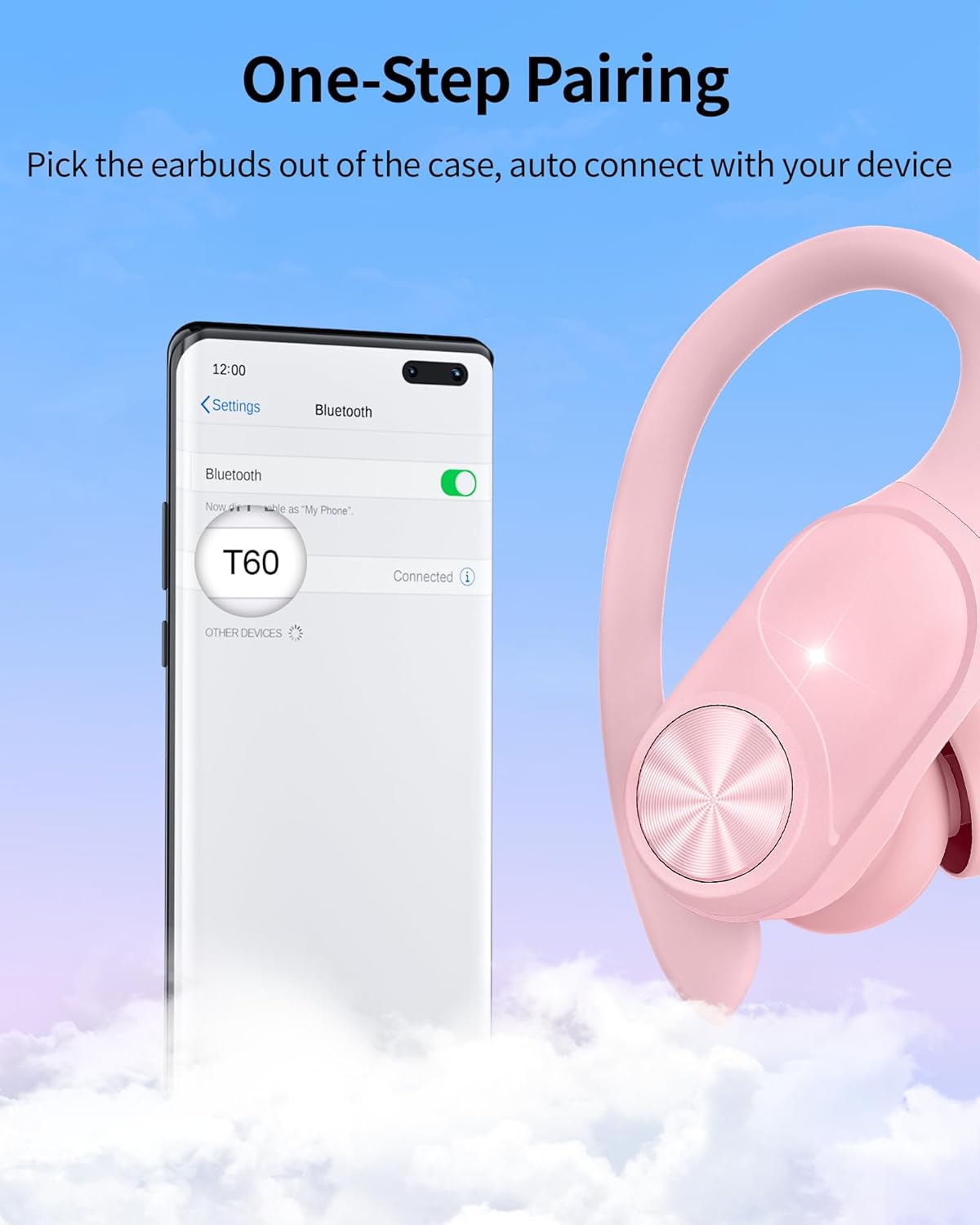 PocBuds Bluetooth Headphones Wireless Earbuds 80hrs Playtime Wireless Charging Case Digital Display Sports Ear Buds with Earhook Deep Bass IPX7 Waterproof Over-Ear Earphones for TV Phone Laptop Pink