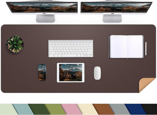 AFIING Leather Desk pad Protector, Large Non-Slip Office Desk Mat with Natural Cork & PU Leather, Waterproof Writing Mouse Pad for Office and Home (55in*17in,Coffee)