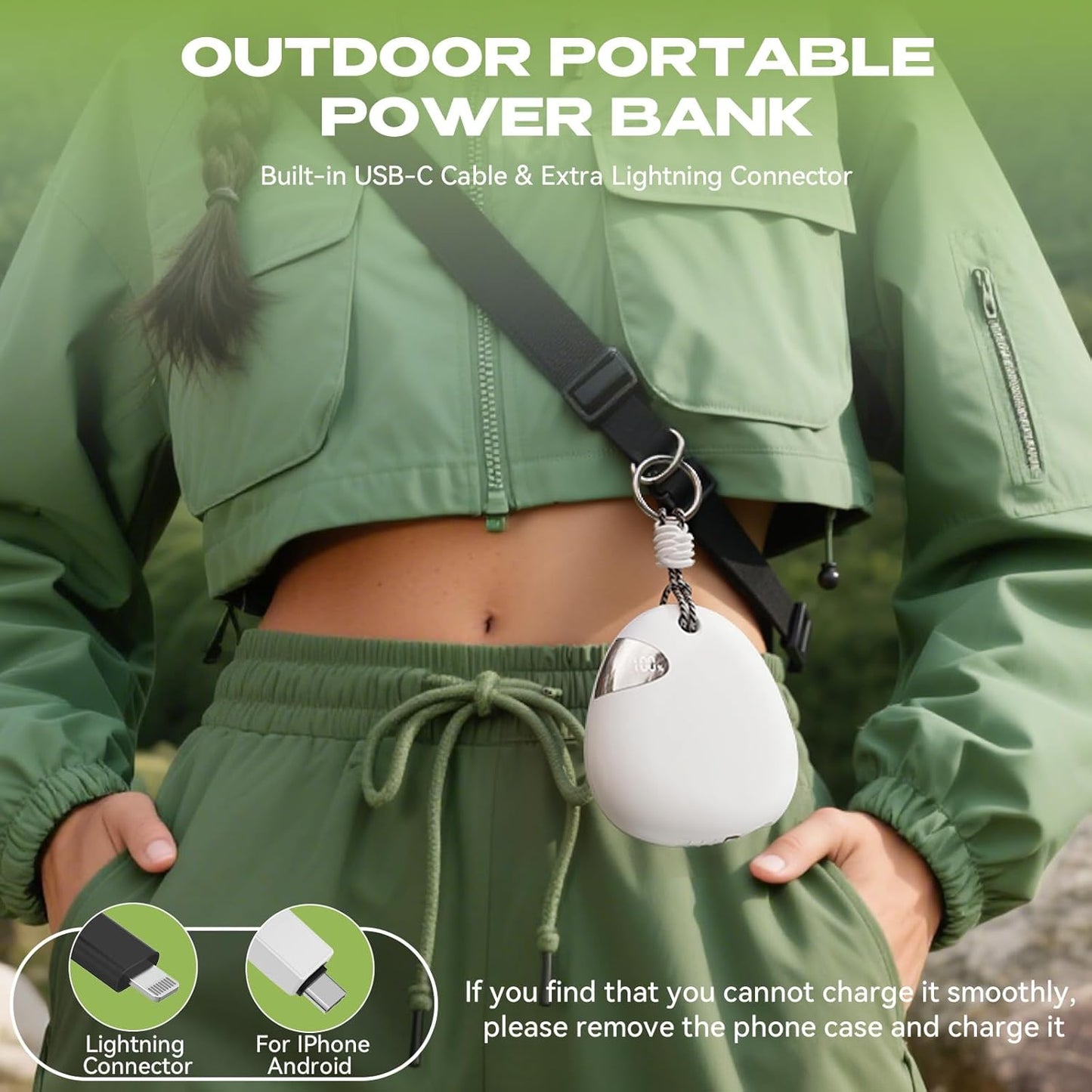 Vivilumens Portable Charger Power Bank 10000 mAh 65CM Fast-Charging Retractable Cable Outdoor Wearable Battery Pack USB-C Lightning for iPhone Smart LED Display for Hiking Camping Backpacking