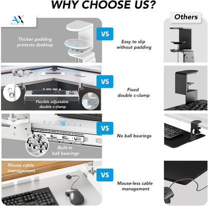 AX WABER Keyboard Tray Under Desk Pull Out with Extra Sturdy C Clamp Mount System, 27.3 (32.5 inch Including Clamps) x 11 Inch Slide-Out Platform Computer Drawer for Typing White AX01WW01