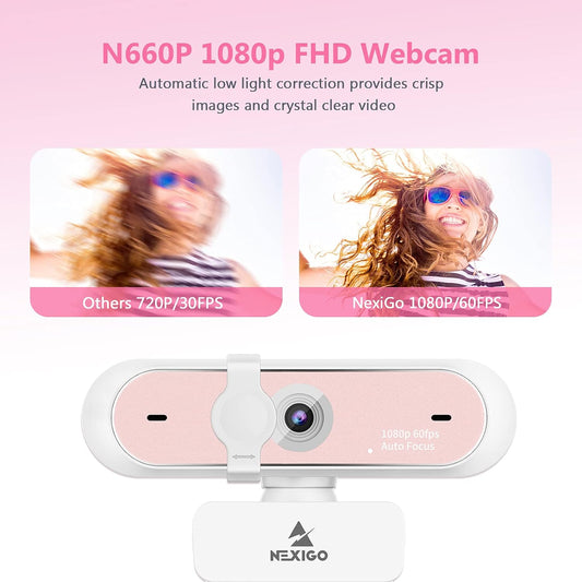 NexiGo N660P 1080P 60FPS Webcam with Software Control, Dual Microphone & Cover, Autofocus, HD USB Computer Web Camera, for OBS/Zoom/Skype/FaceTime/Teams/Twitch, Pink