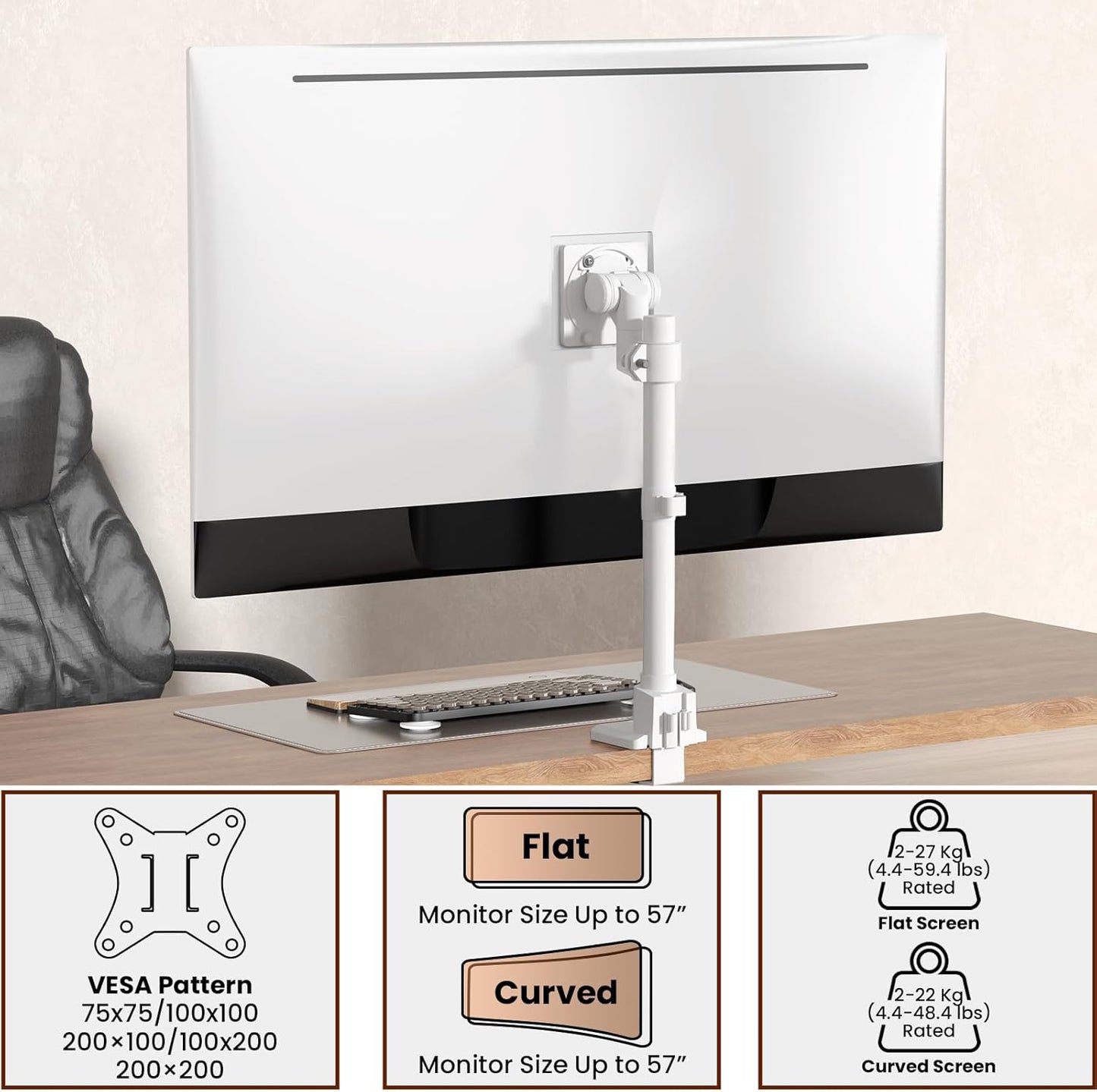 Monitor-Arm Ultrawide Heavy Duty 24-57'' - Aluminum Single Monitor Mount Holds up to 59.4lbs, Adjustable Desk Mount Stand, VESA75/100/200mm, White