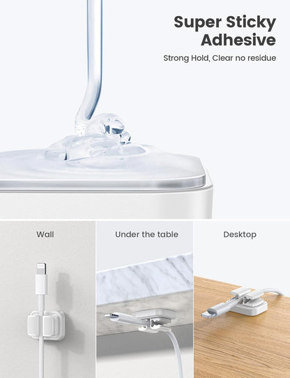 3-in-1 Cord Organizer Spring Clip Holder - Lamicall Small Desk Cable Organizer Clips, Adhesive Adjustable Wire Holder for Phone Charging Cord, Cable Management, Office Desk Accessories, White, 3Pcs