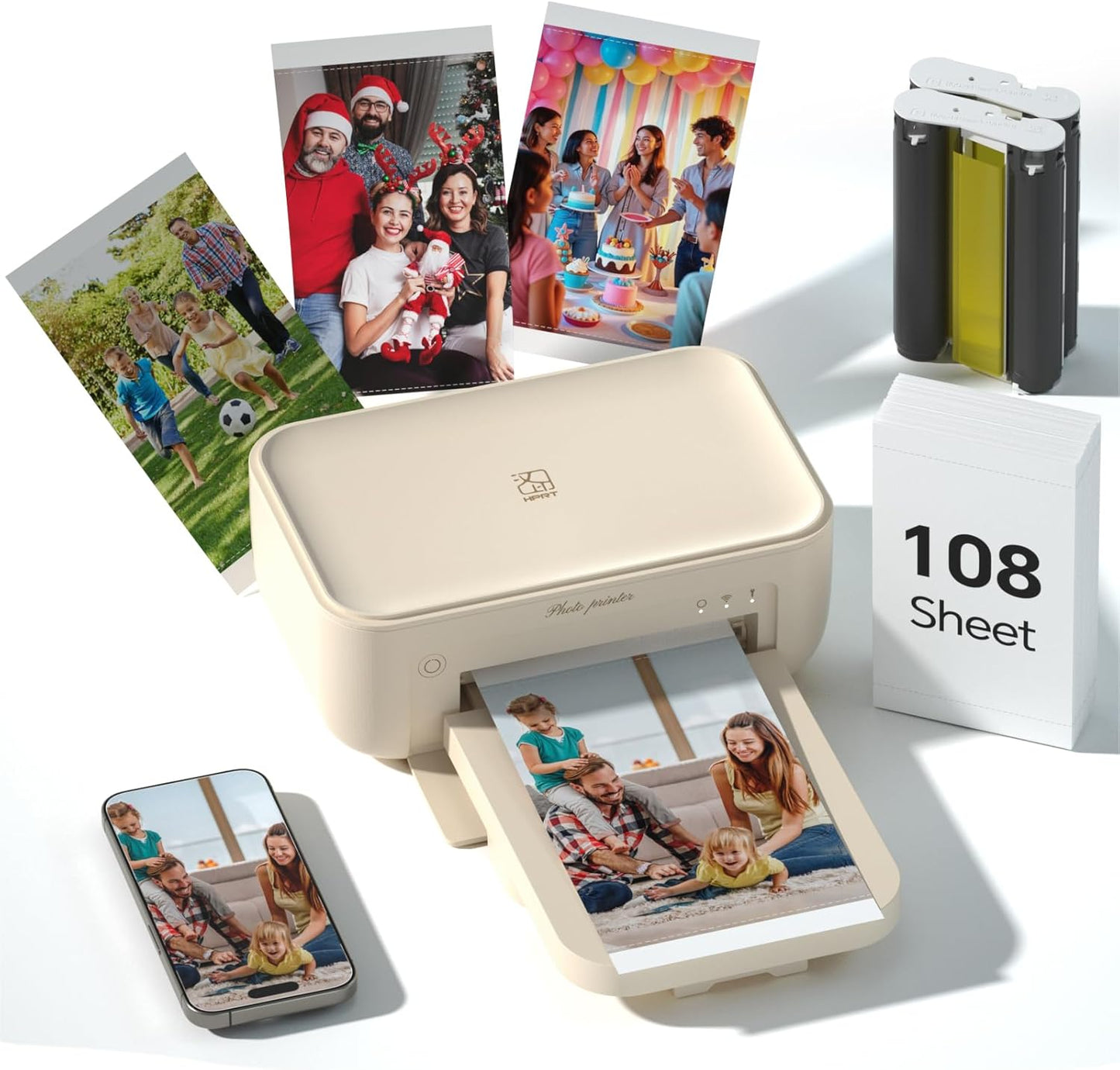 4x6 Photo Printer with 108 Sheets & 2 Ribbons - Dye Sublimation Wireless Portable Photo Printer for iPhone & Android Smartphones, Home & Travel Picture Printing, Ideal Gift, Beige