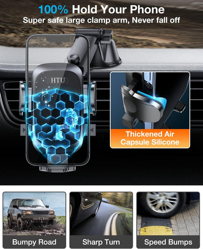 HTU [True Military-Grade] 2025 Upgraded Car Phone Holder 【Safety Certs & No Smell】 Cell Phone Holder for Car Mount for Dashboard Windshield Air Vent Long Arm Thick Case,Navy Blue
