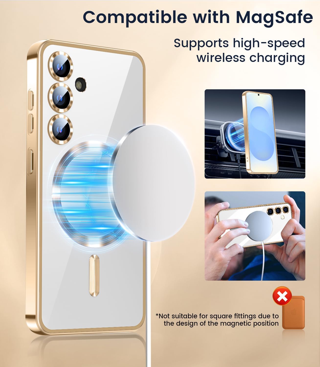 Slim Thin for Samsung Galaxy S25 Case, Compatible with MagSafe, Built-in Camera Lens Protector, Shockproof Protective Phone Case, Soft Electroplated Clear Phone Cover, Gold