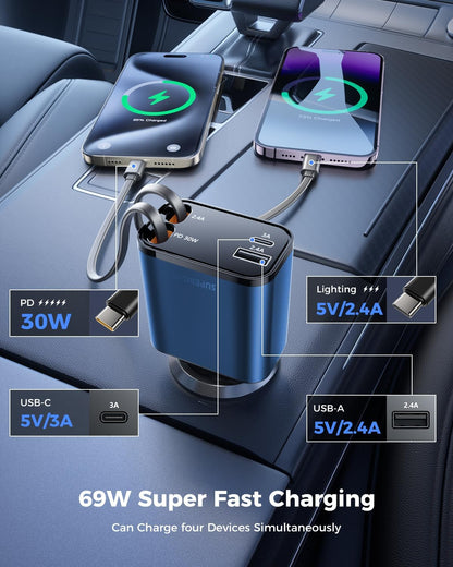 [2024 Upgraded] 4 in 1 Retractable Car Charger, SUPERONE Smaller Fast Car Phone Charger 69W with Cord, USB C and iPhone Car Charger Adapter, Compatible iPhone 15/15 Pro Max/14/13/12/11, Sumsung
