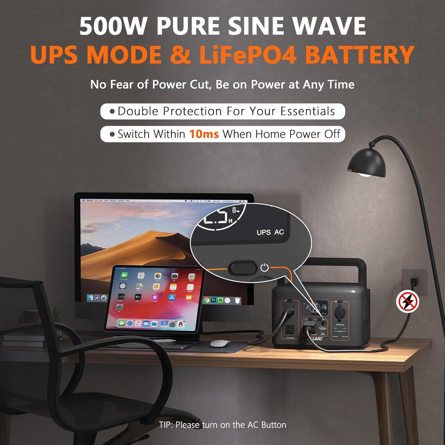 ALLWEI LiFePO4 Solar Generator 512Wh(Peak 1000W) with 100W Solar Panel, 500W Portable Power Station with UPS Mode, Pure Sine Wave AC Outlet, Home Battery Backup for Outdoor Camping RV Off-Grid Travel