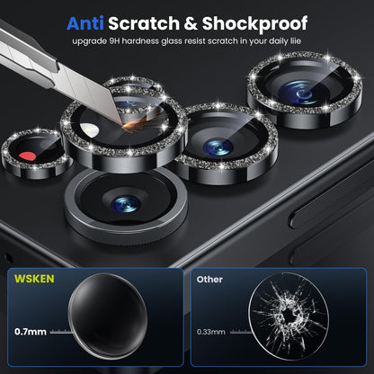 WSKEN for Samsung Galaxy S25 Ultra Camera Lens Protector - Ultra Thin Case Friendly, 9H Shatterproof Tempered Glass with Aluminum Metal Circle Camera Screen Protector Cover Accessories, Glitter Black