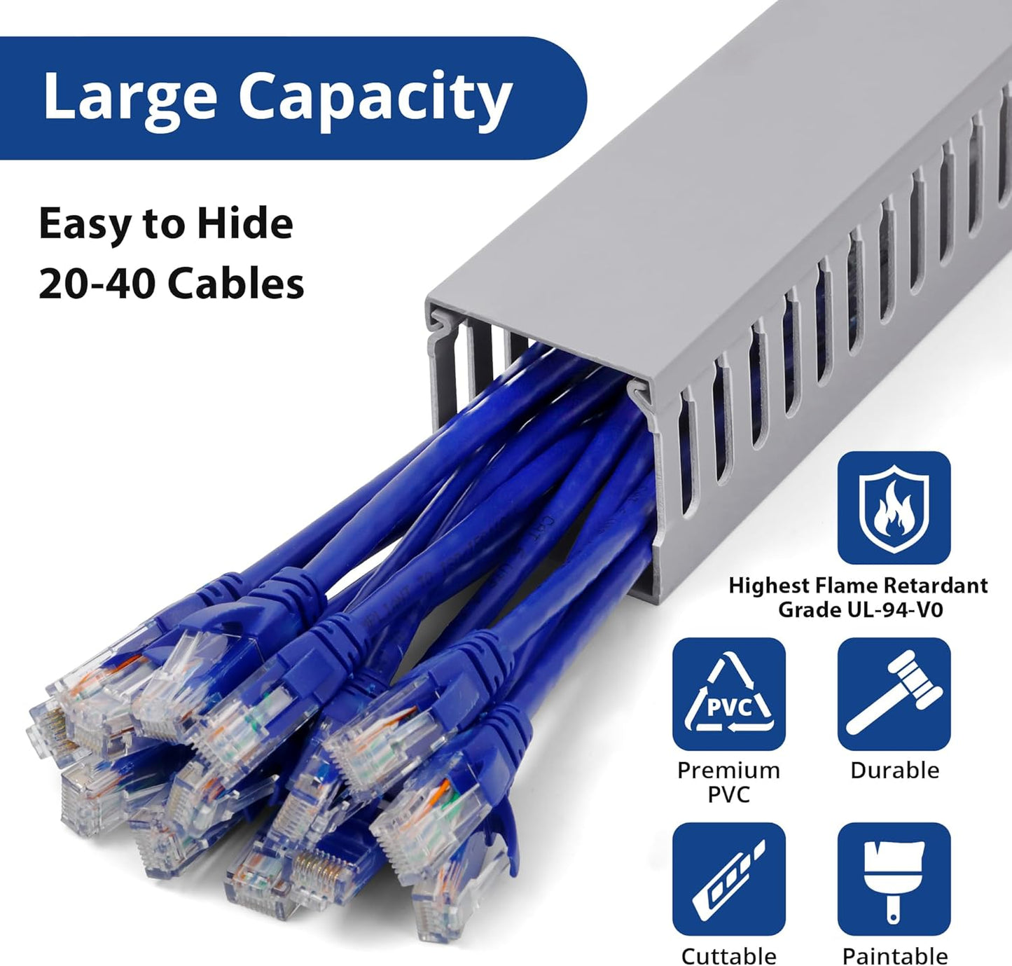 ZhiYo 66in(4X L16.5in) Professional Server Rack Cable Management Raceway, H2in x W2in Cable Raceway Kit, Electrically Safe PVC Open Slot Wire Raceway for Under Desk/Computer/Network Cords, Grey