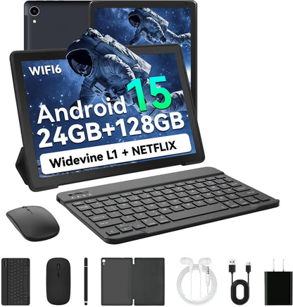 2025 Latest Upgraded Android 15 Tablet 10 Inch, 24GB+128GB+1TB Expand, WiFi 6 BT 5.4, Type-C Fast Charging, Dual Camera, Widevine L1 HD IPS Screen with Keyboard