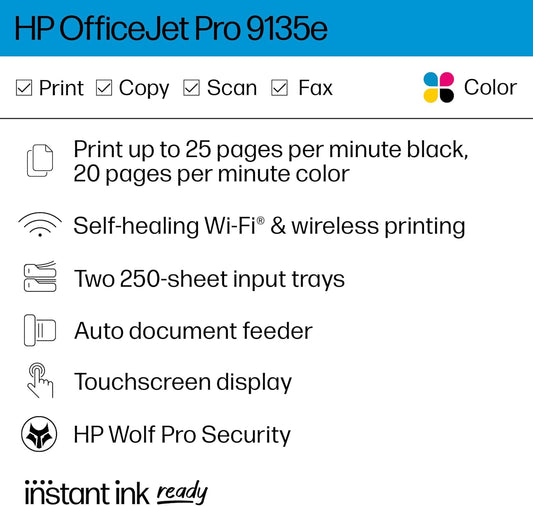 HP OfficeJet Pro 9135e All-in-One Printer, Color, Printer-for-Small Medium Business, Print, Copy, scan, fax, wireless. 3 month Instant Ink trial included ; Two-Sided Printing; Two-Side