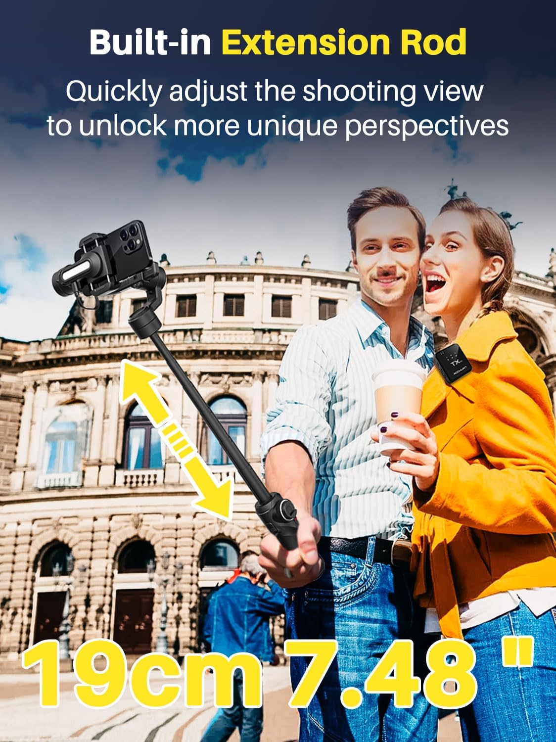 S2 Mic Smartphone Gimbal Stabilizer w/Wireless Lavalier Microphone, Built-in 18cm Extension Rod & Fill Light, Professional 3-Axis Gimbal for iPhone & Android for Video Recording