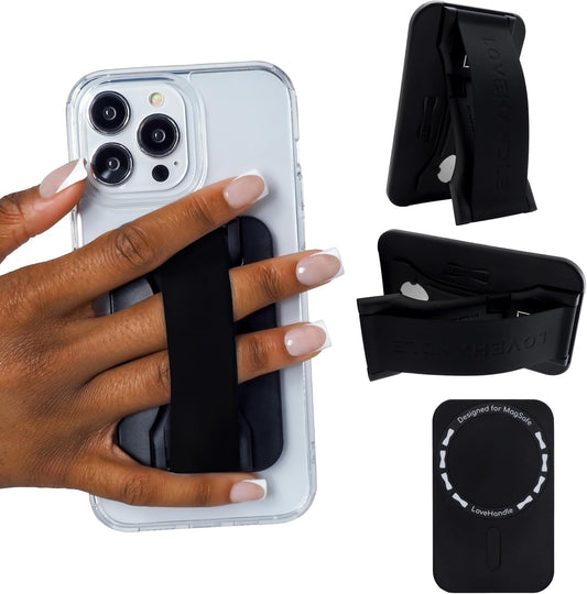 LoveHandle PRO MagSafe Compatible Magnetic Phone Grip w/Kickstand - Mount, Strap and Stand for Smartphone and Tablet - MagSafe Ring Included - Fits All Devices - Black Silicone