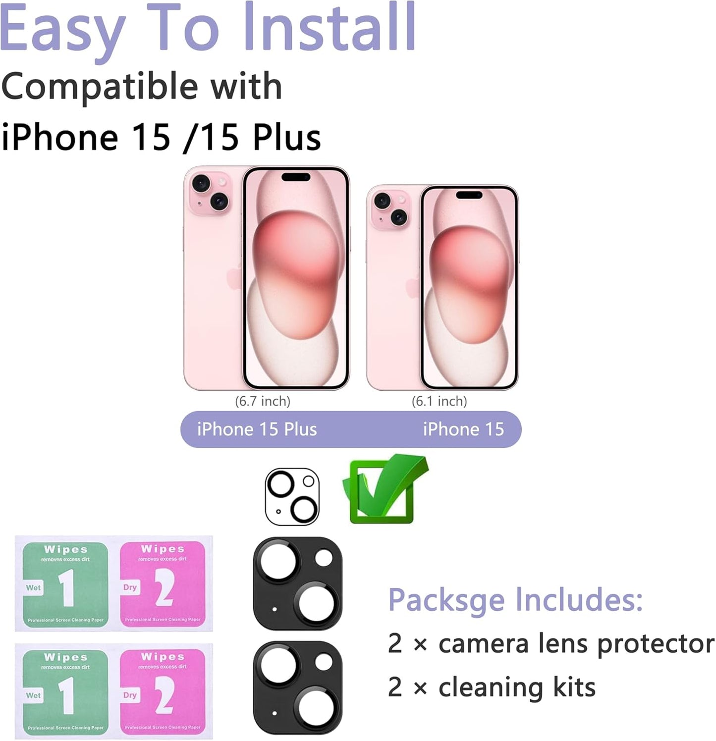 2 Pack Camera Lens Protector for iPhone 15 / iPhone 15 Plus,[Not Easy to Breakn ] AR Tempered Glass Strong Adsorption Metal Camera Cover Screen-black