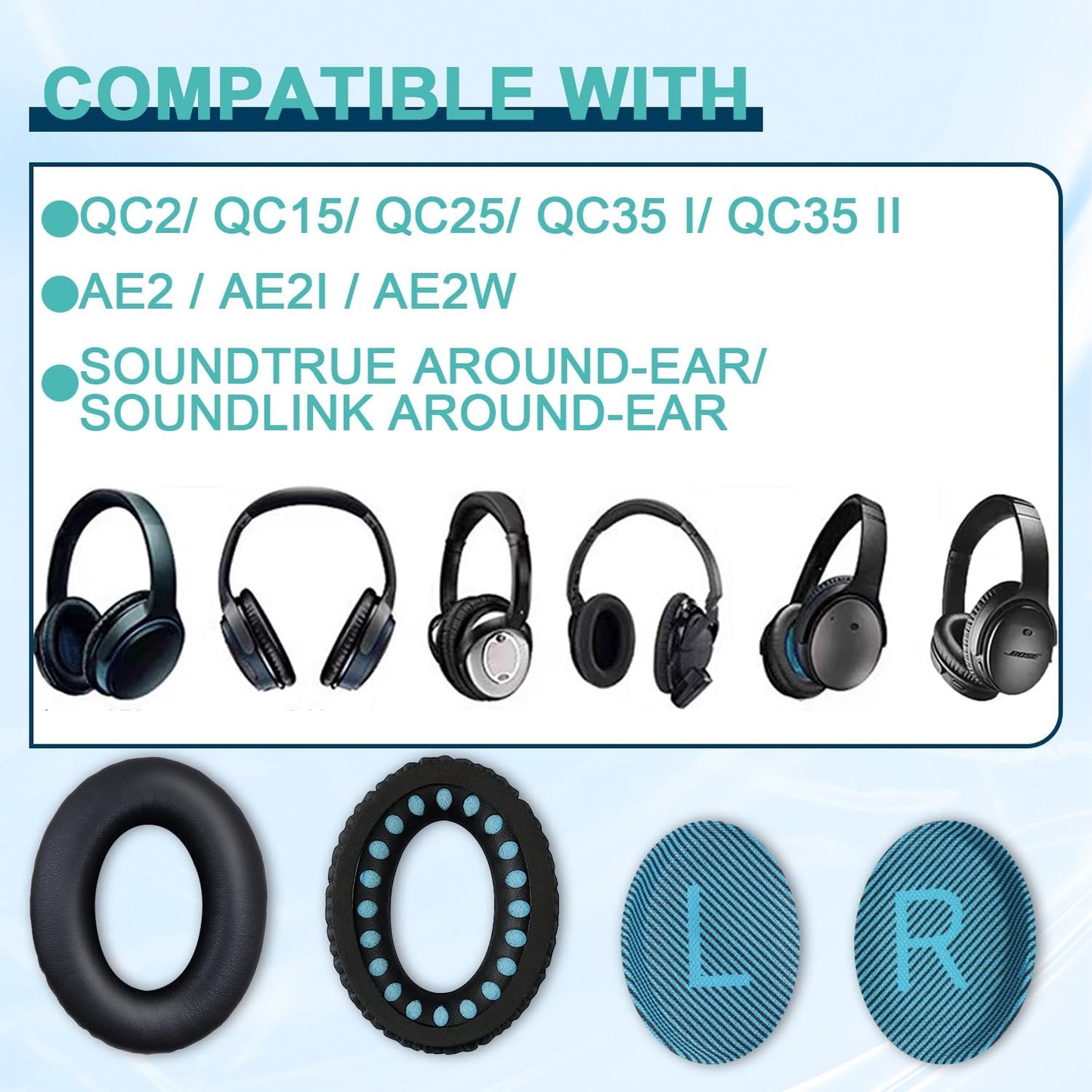 Replacement Earpads Cushions for Bose QuietComfort 35 & Quiet Comfort 35 II, Headphones Ear Covers Ear Pads for Bose QC35/QC35II/25/15 QC2 / Ae2 / Ae2i / Ae2W / Sound Link/Sound True-Black&Blue