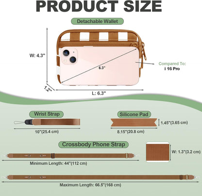 Clip and Go Strap for Phone with Wallet Crossbody, Adjustable Phone Lanyard with Detachable RFID Wristlet Wallet, Phone Strap with Phone Tabs for All Phones, Bronze Checkered (M)