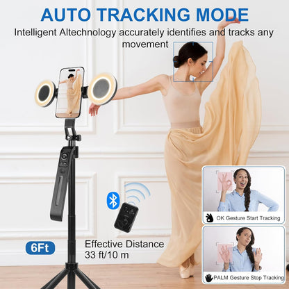 70.9" Auto Face Tracking Tripod 360° Rotation with Stand & Light, Phone Camera Holder Stand with Remote & Gesture Control, Extendable Selfie Stick for GoPro/Travel/Vlog/Video/Tiktok/Live Streaming