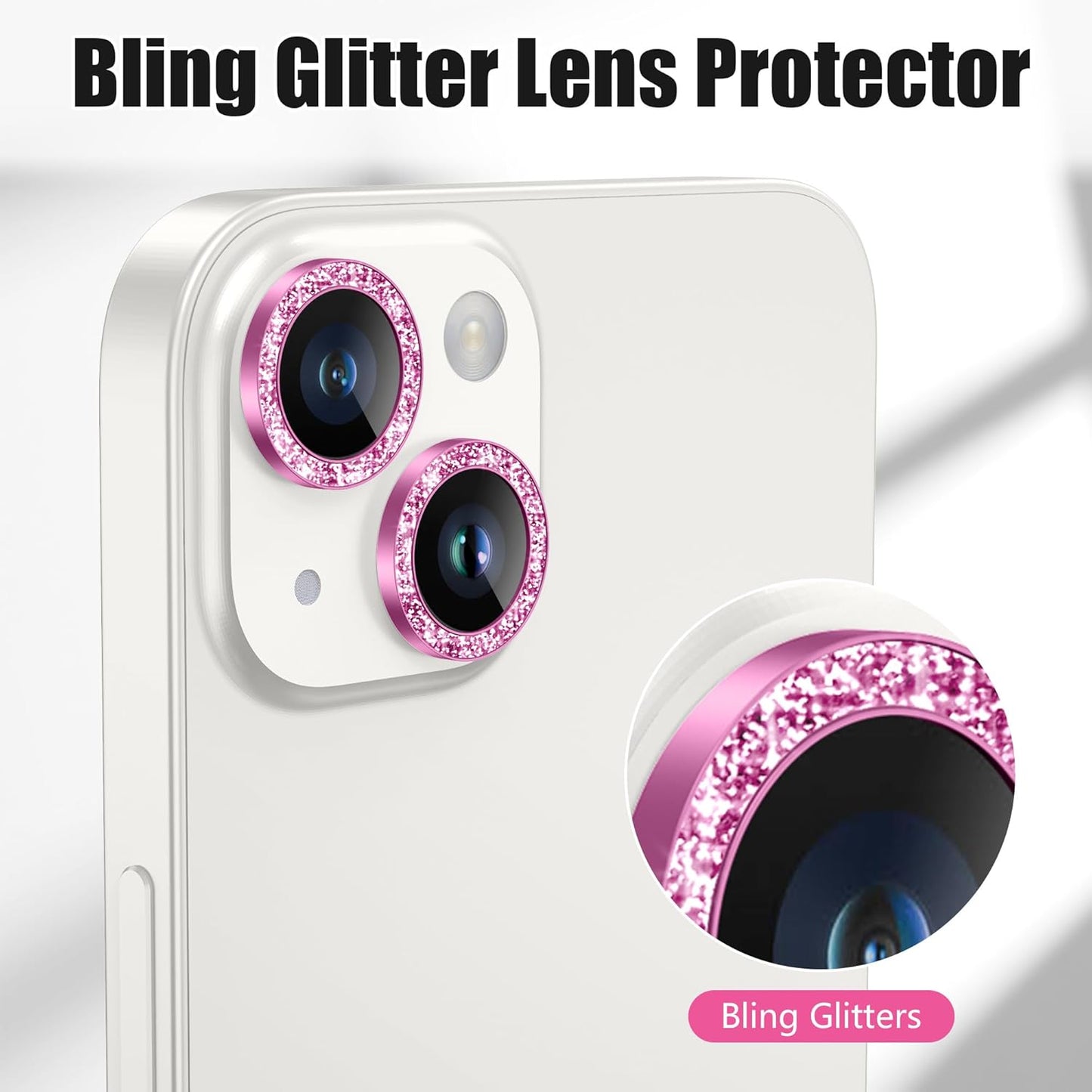 AGVEE 3+3 6 Pack for iPhone 14 6.1" / 14 Plus 6.7" Camera Lens Cover Protector, Bling Diamond & Bling Glitter Metal Ring 9H Tempered HD Glass Camera Cover Protector Film, Bling-Rose