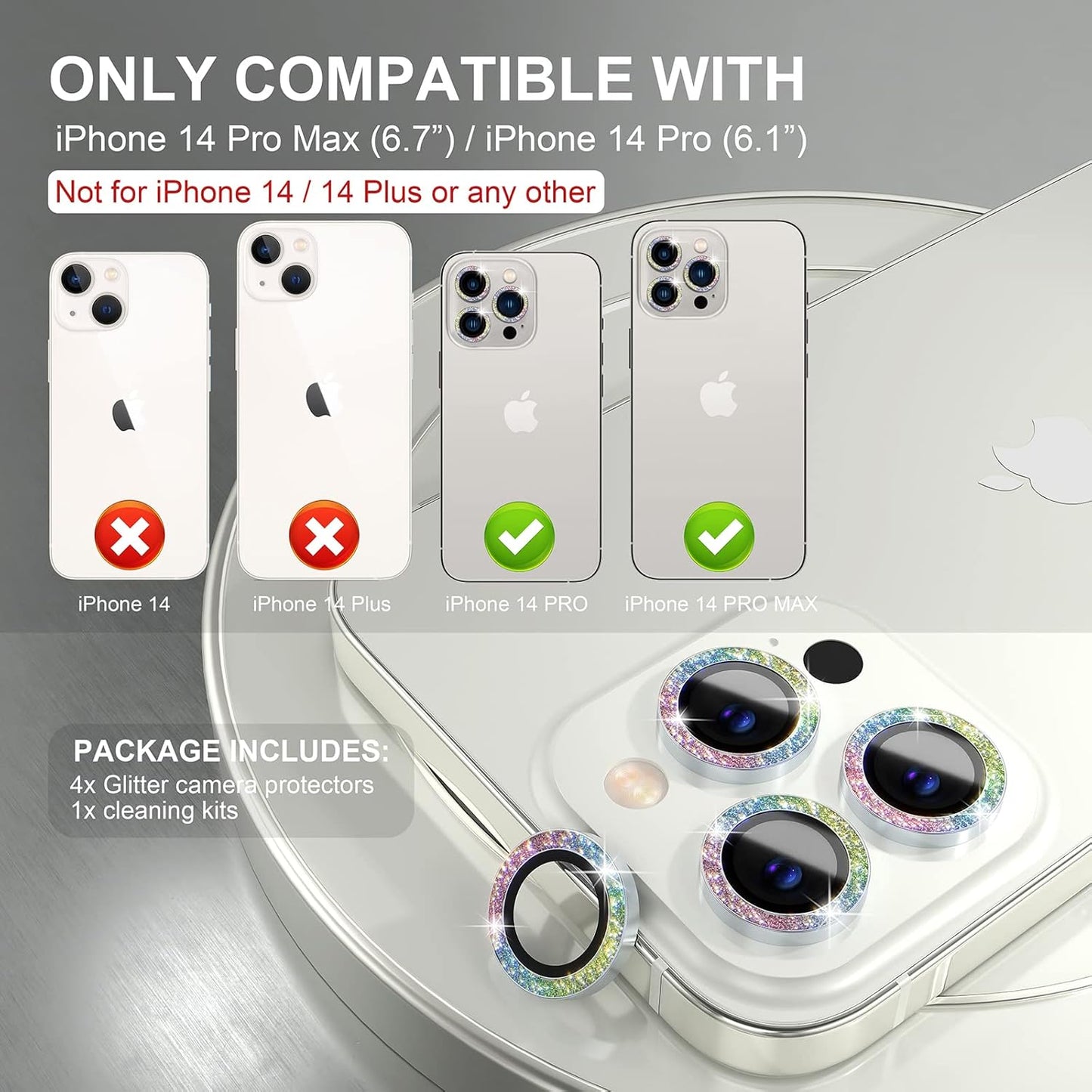 Choiche [3+1 for iPhone 14 Pro/iPhone 14 Pro Max Camera Lens Protector Bling, 9H Tempered Glass Camera Cover Screen Protector Metal Ring Decoration Accessories (Glitter-Colorful)