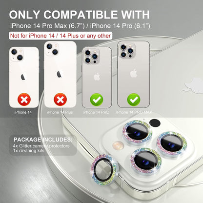 Choiche [3+1 for iPhone 14 Pro/iPhone 14 Pro Max Camera Lens Protector Bling, 9H Tempered Glass Camera Cover Screen Protector Metal Ring Decoration Accessories (Glitter-Colorful)