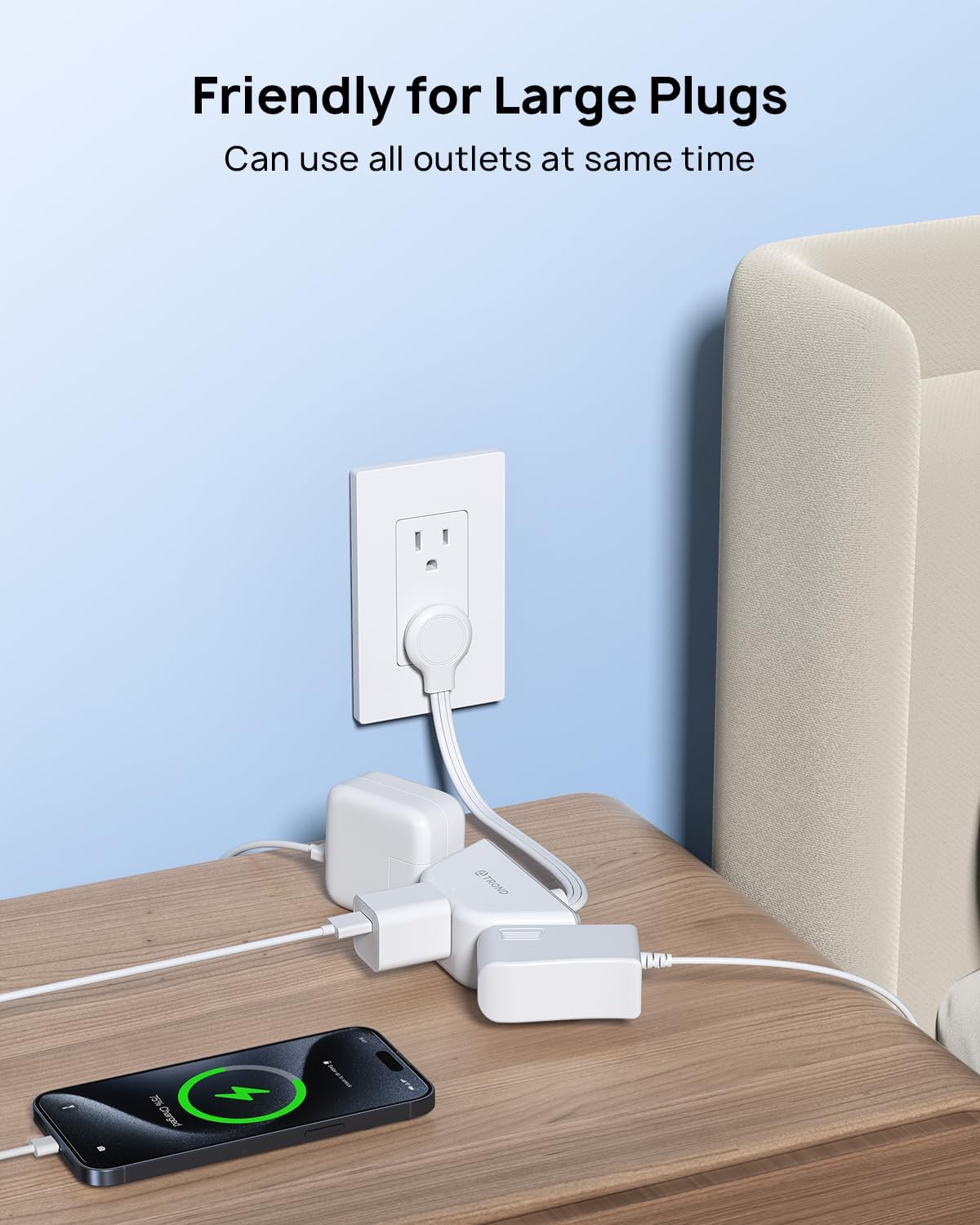 TROND Flat Outlet Extender with 6 Inch Cord - 3 Way Angled Plug Extension Outlet Adapter, Cruise Ship Essentials, Small Multiple Plug Splitter for Home Office Travel, White