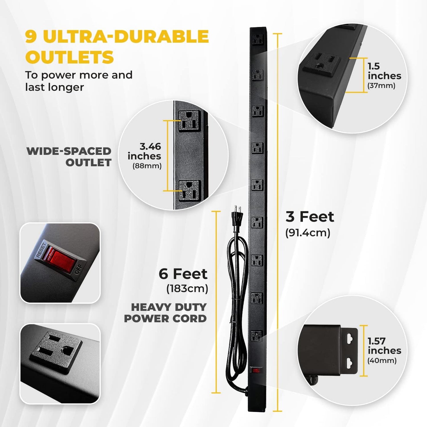 9 Black Verticle Outlets 6 Feet Power Cord Heavy Duty Metal Surge Protector Power Strip